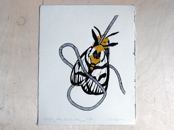 Mating Hera Buckmoths, by Gretchen Wagoner Print type: gocco Print size: 8 in. x 10 in. (image is 6 in. x 8 in.) Edition of 50 15% of the gross sale of this print goes to: Jane Goodall Institute<br />
